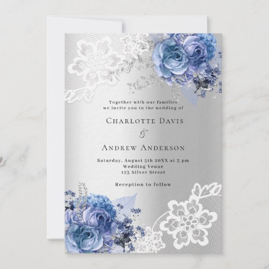 Zilverblauwe bloemen kant luxe bruiloft kaart (Voorkant)