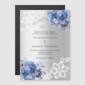Zilverblauwe bloemen kant luxe bruiloft uitnodigin magnetische uitnodiging (Voorkant / Achterkant)