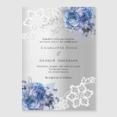 Zilverblauwe bloemen kant luxe bruiloft uitnodigin magnetische uitnodiging (Voorkant)