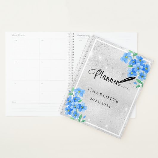 Zilverblauwe bloemen naam afspraak 2026 planner (Display)