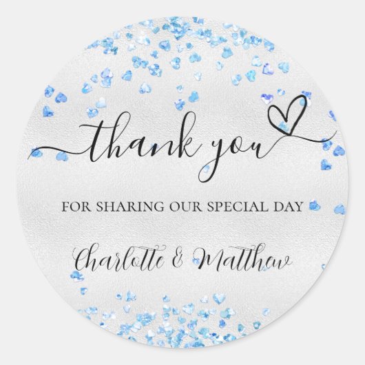 Zilverblauwe harten dank je trouwdag ronde sticker (Voorkant)