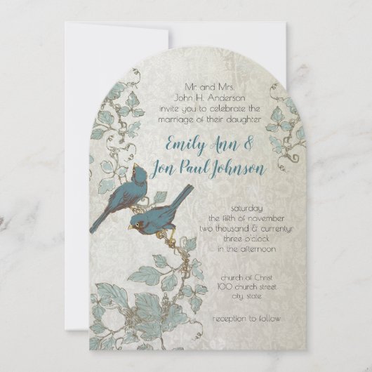 Zilverblauwe Tortelduifjes Boog Vorm bruiloft Kaart (Voorkant)