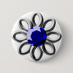Zilverbloem met blauwe steen ronde button 5,7 cm