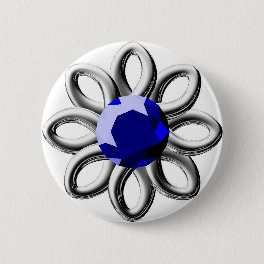 Zilverbloem met blauwe steen ronde button 5,7 cm (Voorkant)