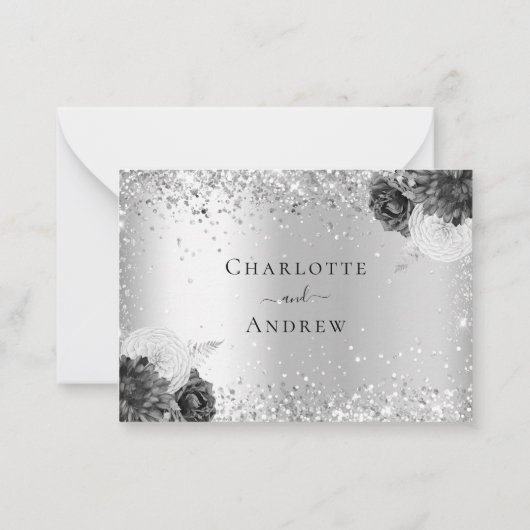 Zilverbloemigen glitter monochroom bruiloft RSVP Notitiekaartje (Achterkant)