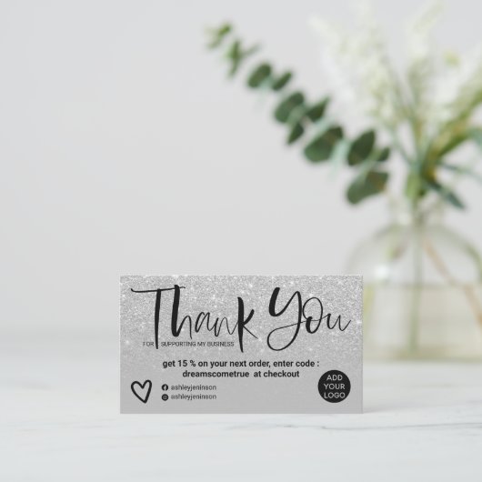 Zilverborsteldoopvont grijze orde bedankt visitekaartje (Staand voorkant)