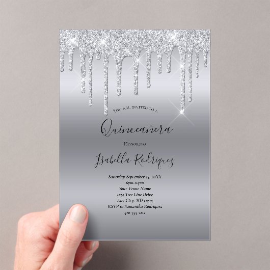 Zilverdrukking Glitter Glam Quinceanera Birthday Acryl Uitnodigingen (Insitu (Draagbaar))