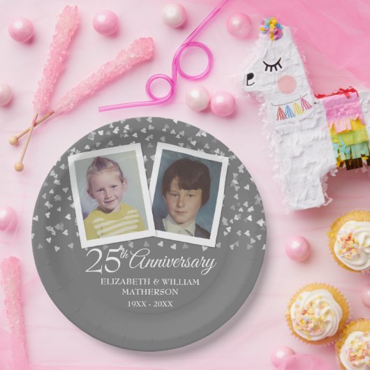 Zilveren 25e huwelijksjubileum kinderfoto's papieren bordje (Feest)