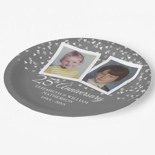 Zilveren 25e huwelijksjubileum kinderfoto's papieren bordje (Gekanteld)