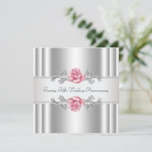 Zilveren 25e huwelijksjubileum met roze rozen kaart (Staand voorkant)