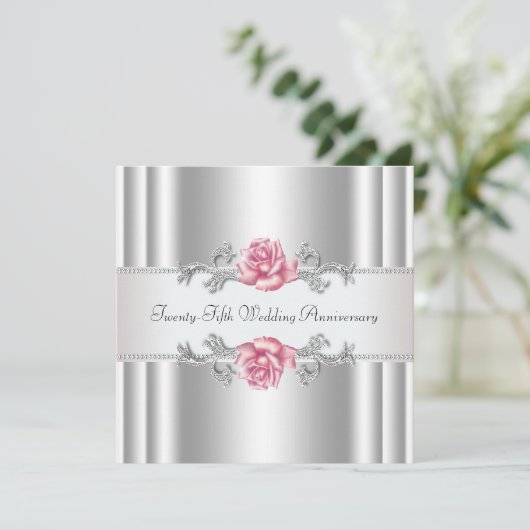 Zilveren 25e huwelijksjubileum met roze rozen kaart (Staand voorkant)