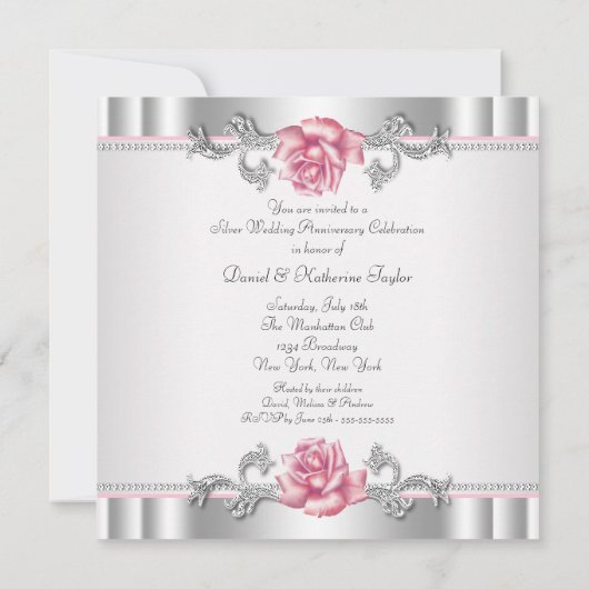 Zilveren 25e huwelijksjubileum met roze rozen kaart (Achterkant)