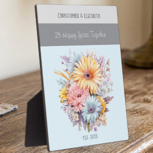Zilveren 25e jubileum bloemen namen blauw fotoplaat