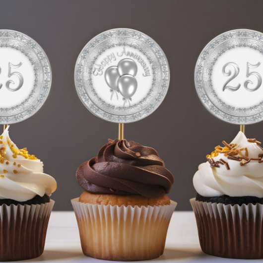 Zilveren 25e Jubileum Cupcake Sticker topper