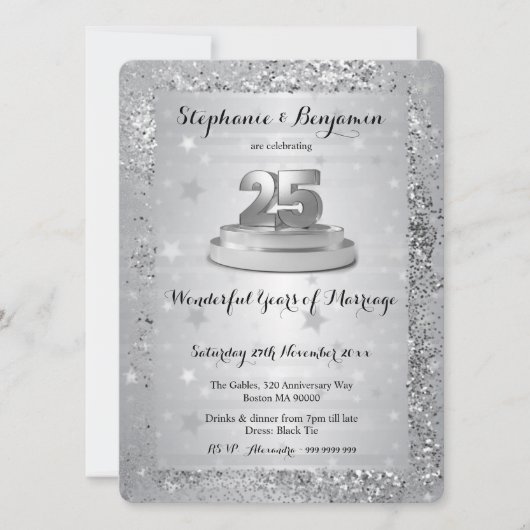 Zilveren 25e trouwdag Elegante glitter Kaart (Voorkant)