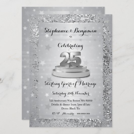 Zilveren 25e trouwdagjubileum Glitter Elegant In Kaart (Voorkant / Achterkant)