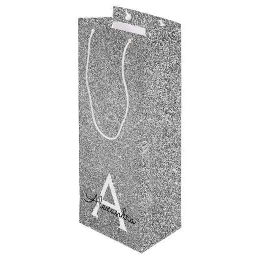 Zilveren 25e verjaardag Glitter & Sparkle Monogram Wijn Cadeautas (Achterkant Gekanteld)