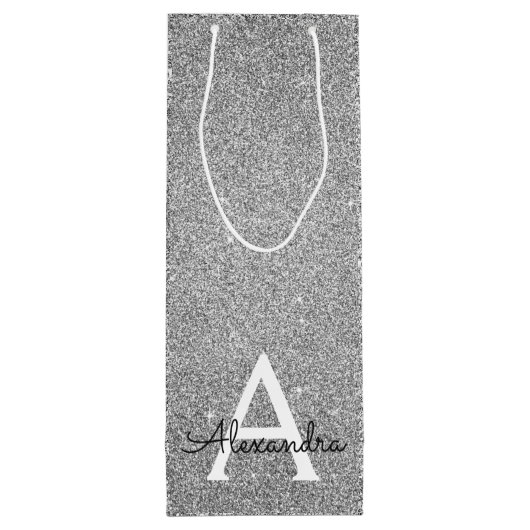 Zilveren 25e verjaardag Glitter & Sparkle Monogram Wijn Cadeautas (Achterkant)