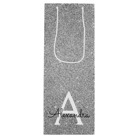 Zilveren 25e verjaardag Glitter & Sparkle Monogram Wijn Cadeautas (Voorkant)
