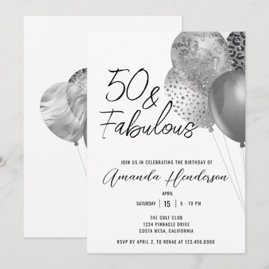 Zilveren 50e en fantastische 50e verjaardag uitnod kaart (Voorkant / Achterkant)