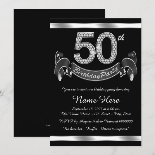 Zilveren 50ste verjaardagsfeestje kaart (Voorkant / Achterkant)