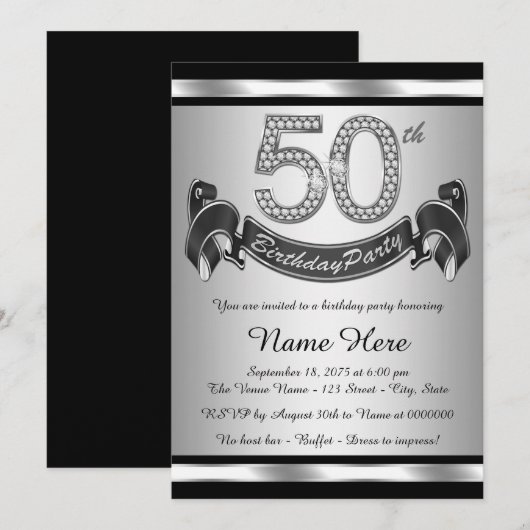 Zilveren 50ste verjaardagsfeestje kaart (Voorkant / Achterkant)