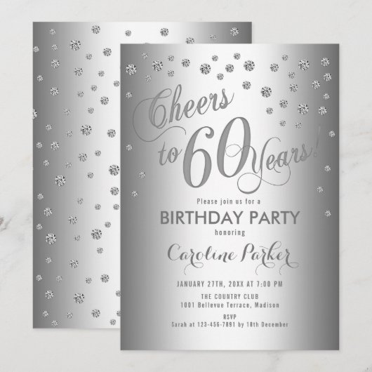Zilveren 60ste verjaardagsfeestje kaart (Voorkant / Achterkant)
