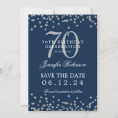 Zilveren 70e verjaardag Save Date Confetti Navy Kaart (Voorkant)