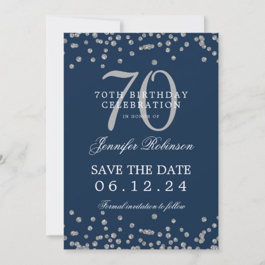 Zilveren 70e verjaardag Save Date Confetti Navy Kaart (Voorkant)