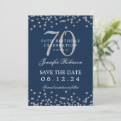 Zilveren 70e verjaardag Save Date Confetti Navy Kaart (Staand voorkant)