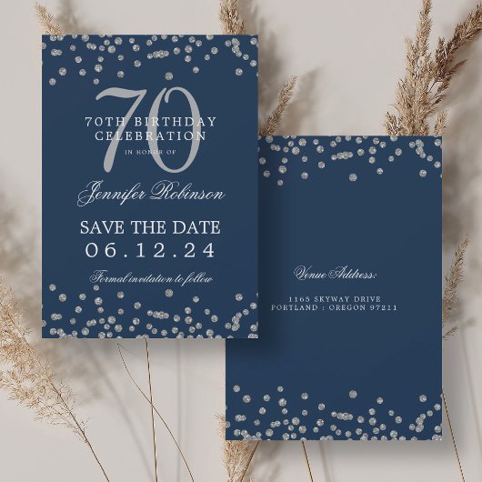 Zilveren 70e verjaardag Save Date Confetti Navy Kaart