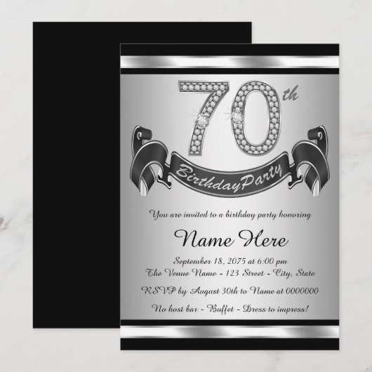 Zilveren 70e verjaardagsfeestje kaart (Voorkant / Achterkant)