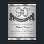 Zilveren 90ste verjaardagsfeestje kaart<br><div class="desc">Zilveren 90e verjaardagsfeestuitnodiging met diamantnummers en een banner voor een gelukkige verjaardag op een zilveren en zwarte achtergrond. Deze prachtige zilveren 90e verjaardagsfeestuitnodiging is gemakkelijk op maat gemaakt voor uw evenement. U kunt de achtergrondkleur wijzigen. Dit opvallende ontwerp werkt goed voor een man of vrouw. Dit is een gedrukt ontwerp...</div>