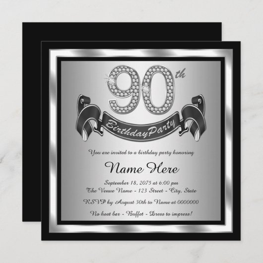 Zilveren 90ste verjaardagsfeestje kaart (Voorkant / Achterkant)