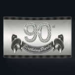 Zilveren 90ste verjaardagsfeestje spandoek<br><div class="desc">90e verjaardagsfeestbanner met prachtige zilveren diamantnummers en zilveren en zwarte Happy Birthday-banner op een zwarte en zilveren achtergrond. Dit ontwerp is genderneutraal. U kunt de achtergrondkleur wijzigen, de grootte van de nummerbanner wijzigen en tekst toevoegen om deze stijlvolle en elegante banner voor het 90e verjaardagsfeest te personaliseren. Dit is een...</div>