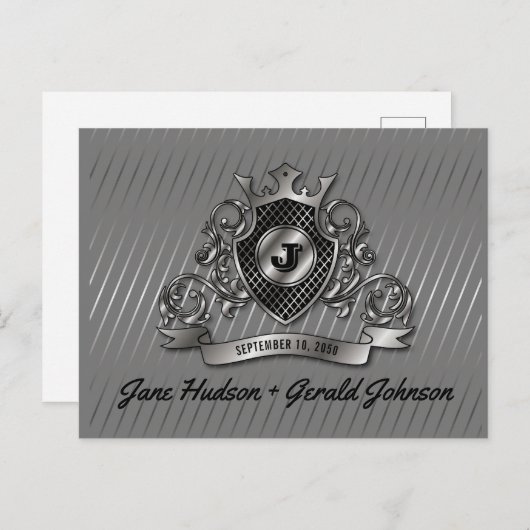 Zilveren Aangepaste Elegante Monogram Ontwerp Aankondigingskaart (Voorkant / Achterkant)