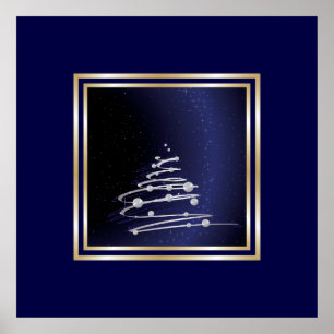 Zilveren Abstracte kerstboom op blauw Poster