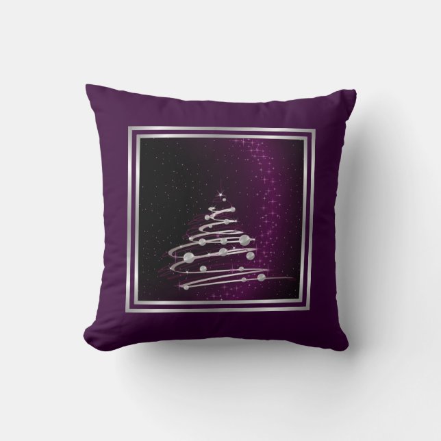 Zilveren Abstracte Kerstboom Op Paars Kussen (Voorkant)