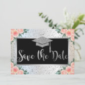 Zilveren afstudeerhoed, bloemconfetti save the date (Staand voorkant)