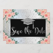Zilveren afstudeerhoed, bloemconfetti save the date (Voorkant / Achterkant)