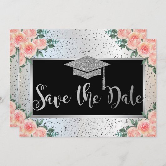 Zilveren afstudeerhoed, bloemconfetti save the date (Voorkant / Achterkant)