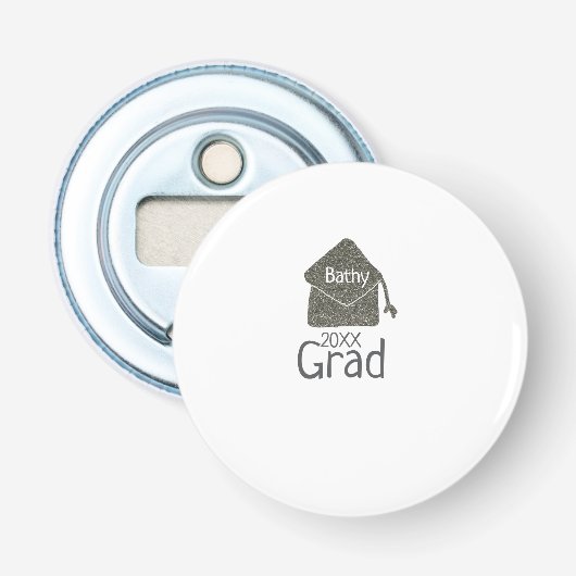 Zilveren afstudeerhoed glitters voeg naam afstudee button flesopener (Voorkant)