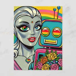 Zilveren Alien Woman en Rainbow Robot in Liefde Briefkaart