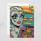 Zilveren Alien Woman en Rainbow Robot in Liefde Briefkaart (Voorkant / Achterkant)