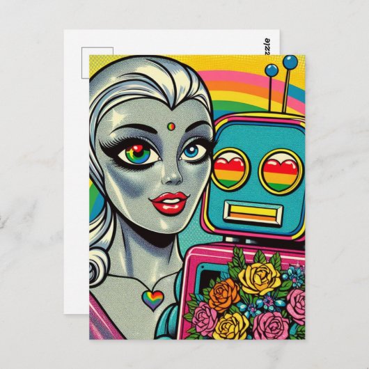 Zilveren Alien Woman en Rainbow Robot in Liefde Briefkaart (Voorkant / Achterkant)