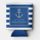 Zilveren Anker Blauw Wit Streep Nautische Bruiloft Blikjeskoeler (Voorkant)