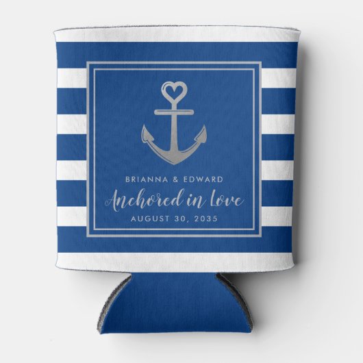 Zilveren Anker Blauw Wit Streep Nautische Bruiloft Blikjeskoeler (Voorkant)
