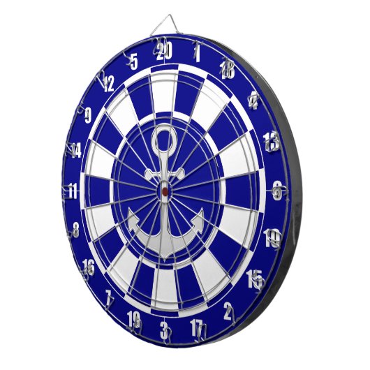 Zilveren Anker op Navy Blue en White Dart Board Dartbord (Voorkant Rechts)