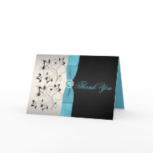 Zilveren, aqua en zwarte bloemen thank-you kaart