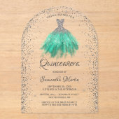 Zilveren Aqua Glitter Jurk Quinceañera Party Acryl Uitnodigingen (Voorkant)